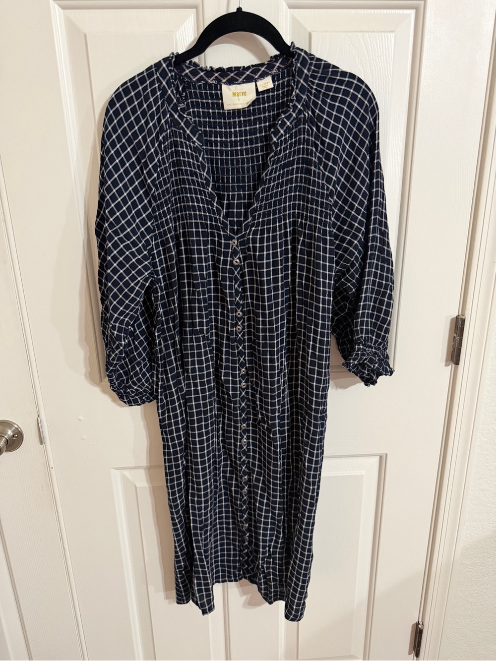 Anthropologie Maeve Sara XL Navy Windowpane Plaid Smocked Midi Dress